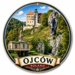 Pamiątkowy magnes Ojców z widokiem na zamek, rzekę, kaplicę, las i skały