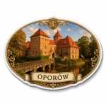 Pamiątkowy magnes Oporów z motywem zamku, drzew i mostu