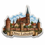 Magnes pamiątkowy z panoramą historycznego centrum Ośna Lubuskiego, kościołem gotyckim i murami obronnymi