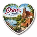 Magnes pamiątkowy Ośno Lubuskie z widokiem gotyckiego kościoła nad rzeką