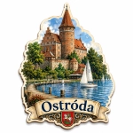 Pamiątkowy magnes Ostróda z zamkiem nad jeziorem, jachtami i altanką na nabrzeżu