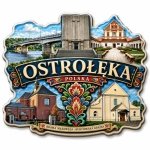 Pamiątkowy magnes Ostrołęka z widokiem mostu, pomnika oraz miejskich budynków