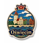Magnes pamiątkowy Oświęcim z kolorowym motywem miasta, domami i wieżą nad rzeką