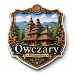 Magnes pamiątkowy Owczary z motywem drewnianego kościoła