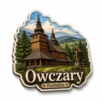 Magnes pamiątkowy Owczary z motywem cerkwi, lasu iglastego i wzgórz
