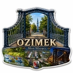 Magnes pamiątkowy Ozimek z widokiem na most wiszący, kościół i rzekę z kajakami