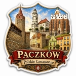Magnes pamiątkowy Paczków przedstawiający mury obronne i historyczne budynki miasta