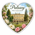 Magnes pamiątkowy z motywem Pałacu Czartoryskich w Puławach, kwiatami i zielenią