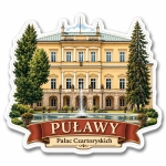 Magnes pamiątkowy z motywem Pałacu Czartoryskich w Puławach, fontanną i drzewami