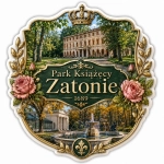 Magnes pamiątkowy Park Książęcy Zatonie 1689 z pałacem, fontanną i leśnym krajobrazem