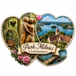 Magnes pamiątkowy przedstawiający Park Miłości w Lubniewicach, jezioro, zamkowy krajobraz i rzeźbę zakochanej pary