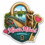 Magnes pamiątkowy Park Miłości w Lubniewicach z widokiem na jezioro