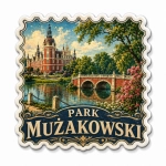 Pamiątkowy magnes Park Mużakowski z motywem pałacu i mostu nad jeziorem