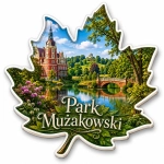Magnes pamiątkowy Park Mużakowski z widokiem na pałac, jezioro i parkowe lasy