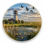 Magnes pamiątkowy Park Narodowy Ujście Warty z wieżą obserwacyjną, jeziorem i ptakami