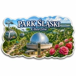 Magnes pamiątkowy Park Śląski z widokiem parku, ogrodem różanym, pawilonem i jeziorem