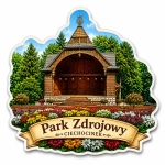 Magnes pamiątkowy przedstawiający Park Zdrojowy w Ciechocinku z kwiatowym ogrodem i altanką