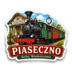 Magnes Piaseczno z motywem stacji kolejowej i lokomotywą parową