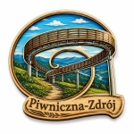 Pamiątkowy magnes Piwniczna-Zdrój z mostem w kształcie litery S, rzeką i zielonymi wzgórzami