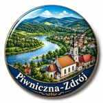 Magnes Piwniczna-Zdrój przedstawiający krajobraz z kościołem, rzeką, lasem i górami
