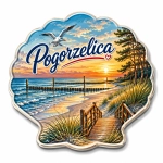 Magnes pamiątkowy Pogorzelica przedstawiający plażę o zachodzie słońca, drewnianą ścieżkę do morza, drzewa nad brzegiem