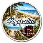 Magnes Pogorzelica przedstawiający plażę, las sosnowy, mostek i pociąg na wzgórzu