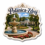 Pamiątkowy magnes Polanica-Zdrój przedstawiający fontannę, pałac i parkowe otoczenie