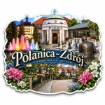 Magnes Polanica-Zdrój przedstawiający pijalnię z fontanną i kwiatami
