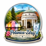 Magnes Polanica-Zdrój z motywem pijalni wód mineralnych, fontanną i kwiatami