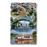 Magnes pamiątkowy przedstawiający port w Nowej Soli, most nad Odrą i łódź na rzece
