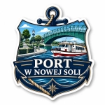 Magnes pamiątkowy przedstawiający port w Nowej Soli, most i statki