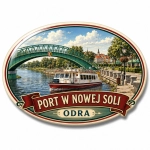 Magnes pamiątkowy Port w Nowej Soli z widokiem portu, mostu kolejowego i statku pasażerskiego