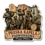 Magnes pamiątkowy Praska Kapela Podwórkowa z muzykami na tle ulicy z kamienicami
