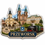 Magnes Przeworsk z widokiem miasta, kościołem i parowozem