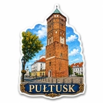 Magnes Pułtusk przedstawiający wieżę z cegły oraz tradycyjną zabudowę