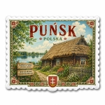 Pamiątkowy magnes z Puńska przedstawiający dom z trzcinowym dachem, ogród kwiatowy, jezioro i las