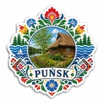 Magnes pamiątkowy Puńsk przedstawiający tradycyjny dom z trzcinowym dachem