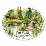 Pamiątkowy magnes Puszcza Knyszyńska z motywem lasu, jeziora i żubra