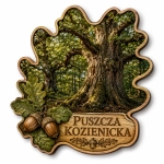 Magnes pamiątkowy Puszcza Kozienicka z motywem drzewa dębowego, liści dębowych i kasztanów