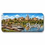 Magnes turystyczny Pyzdry z pejzażem rzecznym, kościołem, domami i łodzią