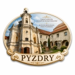 Magnes pamiątkowy Pyzdry na białej płycie HDF