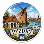 Magnes turystyczny Pyzdry z widokiem na wiatrak, dom z czerwoną dachówką i żaglówki na rzece