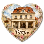 Magnes pamiątkowy Pyzdry w kształcie serca z motywem historycznego budynku i kwiatów