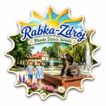 Pamiątkowy magnes Rabka-Zdrój z fontanną, figurą słonia, domem z czerwoną dachówką i kwiatami