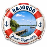 Magnes pamiątkowy Rajgród – Jezioro Rajgrodzkie z widokiem na molo i jacht