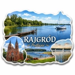 Pamiątkowy magnes Rajgród z widokiem jeziora, łodzią jachtową, drewnianym molo i kościołem
