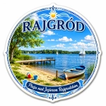 Magnes pamiątkowy z widokiem plaży nad Jeziorem Rajgrodzkim w Rajgrodzie