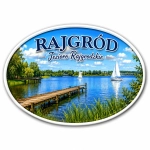 Pamiątkowy magnes Rajgród – Jezioro Rajgrodzkie z widokiem na molo i żaglowiec