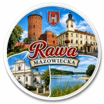 Magnes Rawa Mazowiecka z motywem zamku, ratusza, kościoła i jeziora
