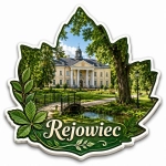 Magnes pamiątkowy Rejowiec z pałacem, zielenią i stawem